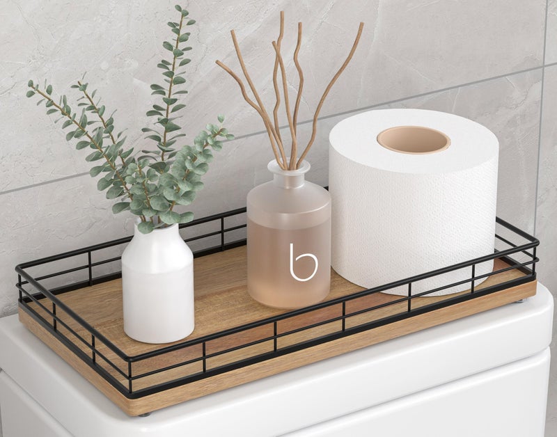 Focusonit Toilet Paper Basket Organizer â€“ Acacia Wood Toilet Tank Tray with Metal Frame, Back of Tank or Top Bathroom Counter Storage â€“ Black & Acacia Modern Decor - Image 1