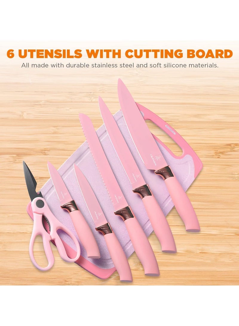 19 Piece Kitchen Knife & Utensils Set with Storage Rack - Heat Resistant Silicone Cooking Utensils with Cutting Board Spatula Whisk Spoons & Kitchen Accessories Set - Image 3