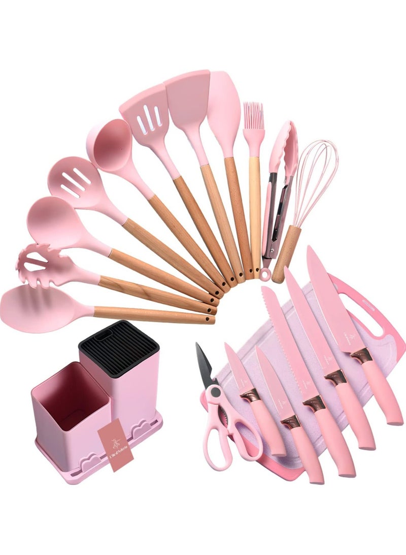 19 Piece Kitchen Knife & Utensils Set with Storage Rack - Heat Resistant Silicone Cooking Utensils with Cutting Board Spatula Whisk Spoons & Kitchen Accessories Set - Image 1