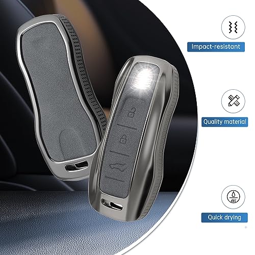 YO&YOYE Compatible with Porsche Key Fob Cover with Keychain Leather Key Case Protector Fit for Porsche Cayenne 911 Taycan Panamera, Grey - Image 3
