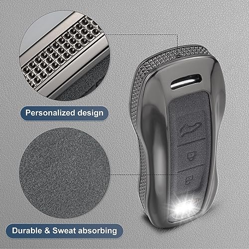 YO&YOYE Compatible with Porsche Key Fob Cover with Keychain Leather Key Case Protector Fit for Porsche Cayenne 911 Taycan Panamera, Grey - Image 4