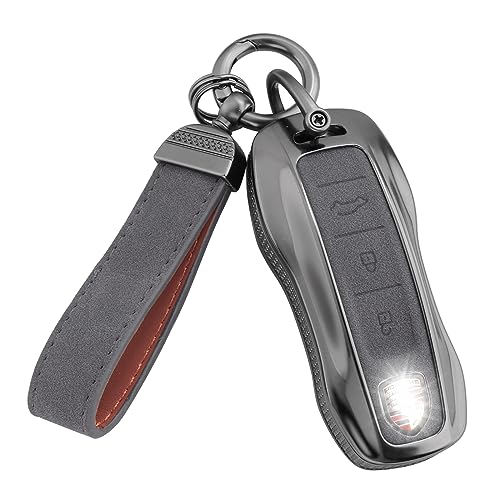YO&YOYE Compatible with Porsche Key Fob Cover with Keychain Leather Key Case Protector Fit for Porsche Cayenne 911 Taycan Panamera, Grey - Image 1