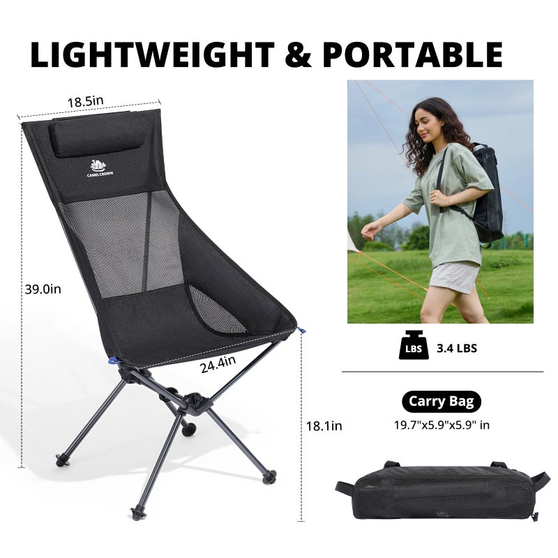 CAMEL CROWN High Back Camping Chair with Pillow Design, Folding Compact Backpacking Chair, Stable Portable Chair for Outdoor Camp, Travel, Beach, Picnic, Festival, Hiking - Image 2