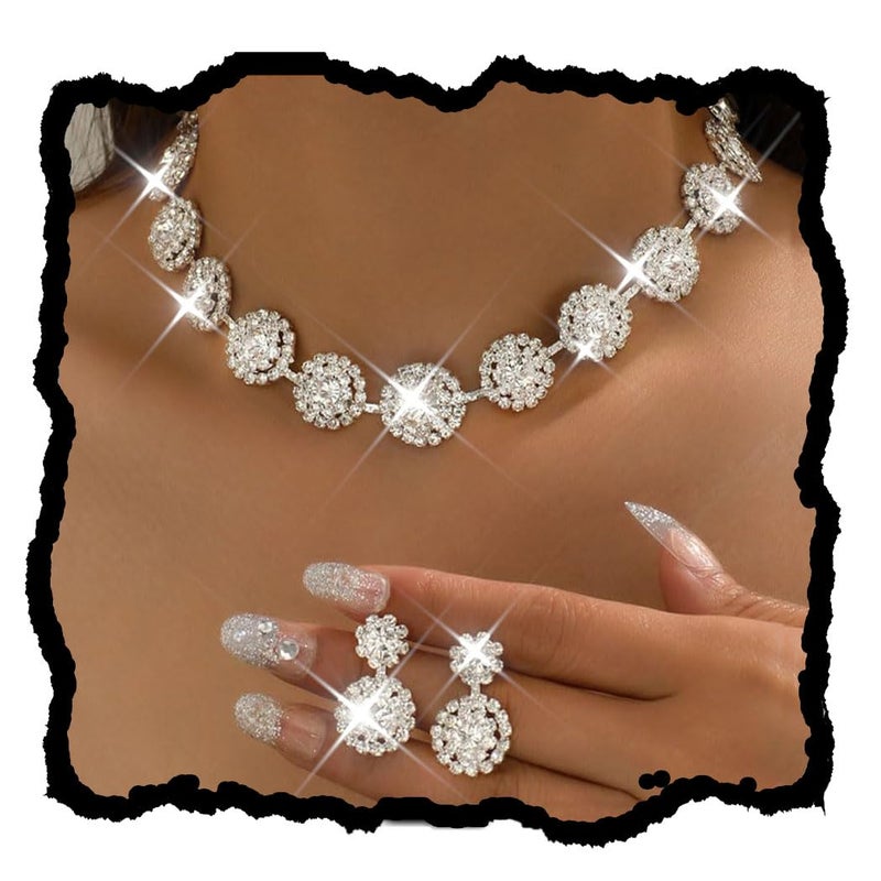 Unicra Bridal Wedding Jewelry Set Silver Rhinestone Necklace Earrings Sets Formal Prom Costume Jewelry for Women and Brides (Silver) - Image 1