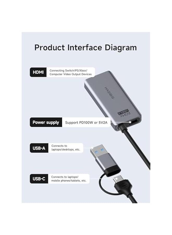 Generic - USB3.0 Video Capture Card with 100W PD HDMI to USB/USB C 1080P HD 60fps Live and Record Video Audio Game MS2130 for Quest 3 VR Switch PS4/5 Live Broadcast, Gaming, Streaming (UHC07P) - Image 1