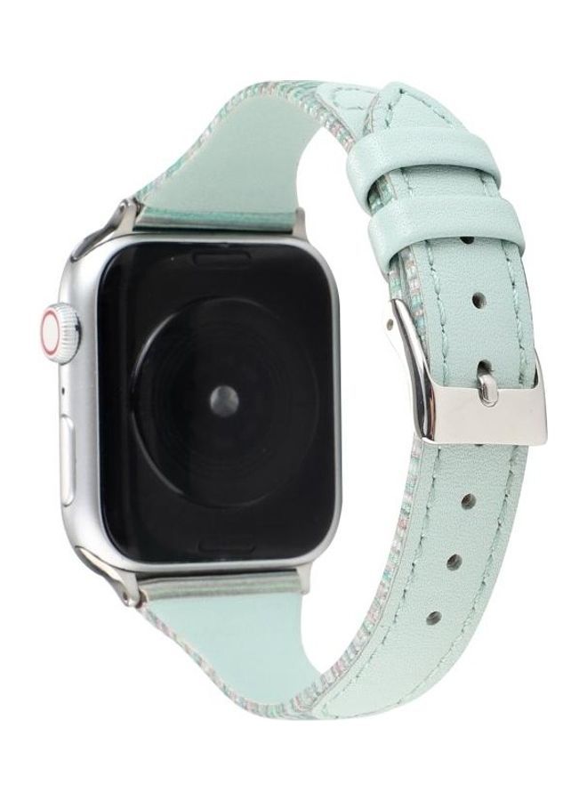 NIBEMINENT Stitching Stripes Genuine Leather Strap Watchband For Apple Watch Series 7/6/SE/5/4/3/2/1 38/40/41mm Green - Image 1