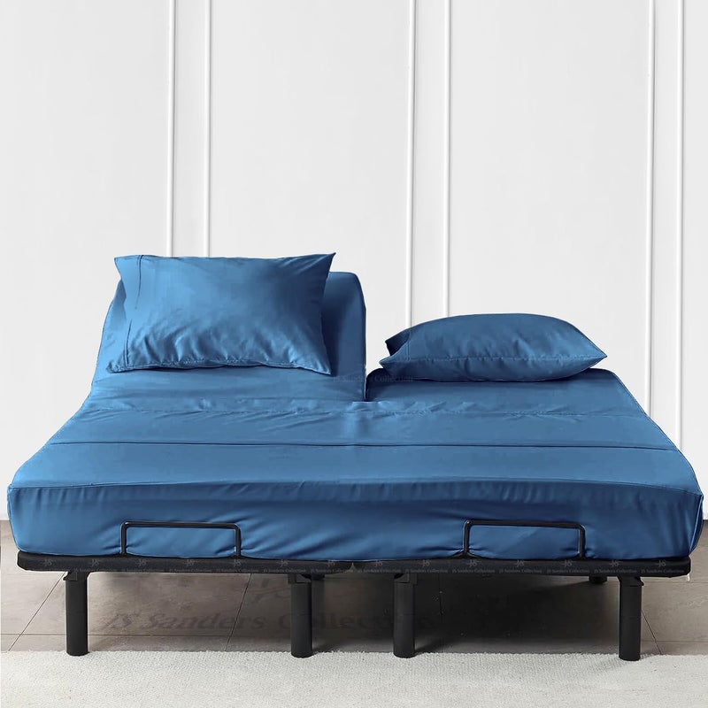 JS Sanders Collection Split Head Flex Cal King Sheet Set  100 Cotton Bed Sheets for Adjustable Beds  Flex Top Cal King Sheets for Sleep Number Beds 18 Deep 34 Split Top 4 Pc Set Half Split Fitted Mediterranean Blue 