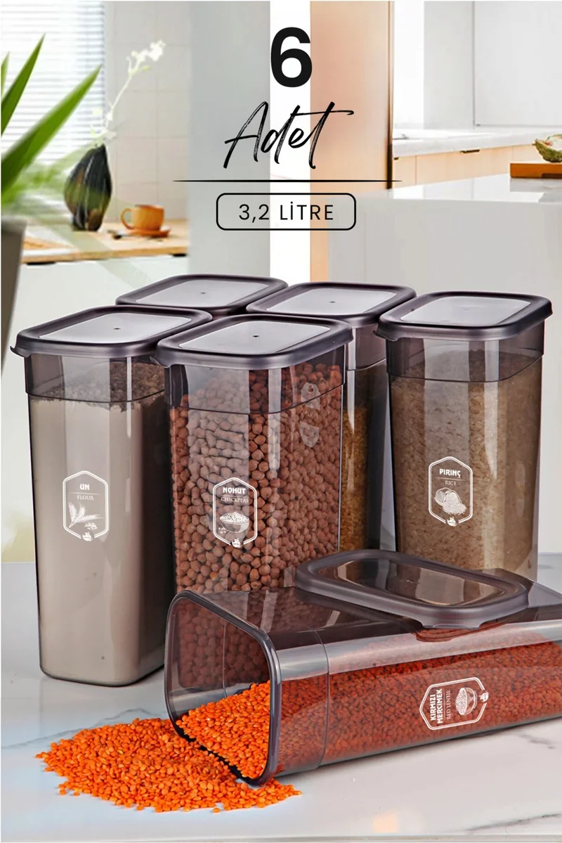 Kitchen Life 6-Piece Mega Size Labeled Rectangular Food Storage Container Set 3200ML Tea Sugar Storage Container 3.2 Liters