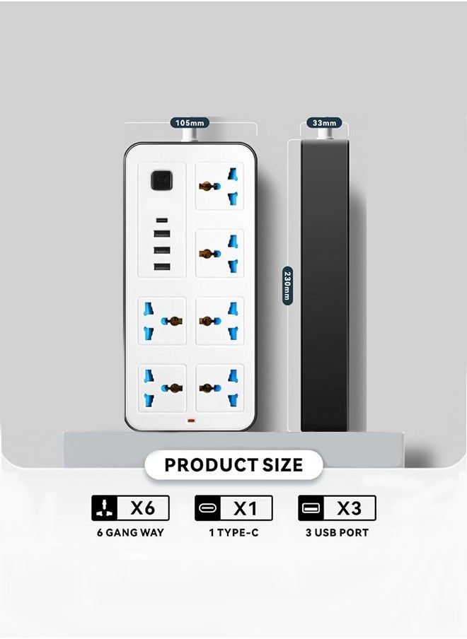 متجر الفرح سلك تمديد عالمي بطول 2 متر مزود بـ 6 منافذ طاقة و3 فتحات USB، شريط طاقة بستة اتجاهات مع منفذ شحن USB من النوع C وPD، سلك تمديد بطول 2 متر أبيض  - Image 2