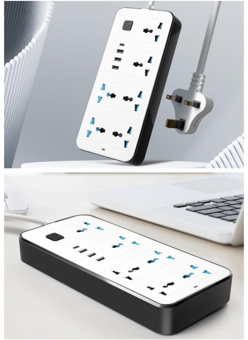 متجر الفرح سلك تمديد عالمي بطول 2 متر مزود بـ 6 منافذ طاقة و3 فتحات USB، شريط طاقة بستة اتجاهات مع منفذ شحن USB من النوع C وPD، سلك تمديد بطول 2 متر أبيض  - Image 4