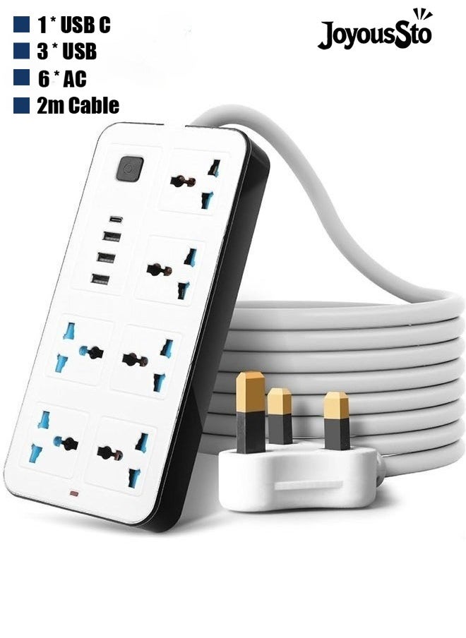 متجر الفرح سلك تمديد عالمي بطول 2 متر مزود بـ 6 منافذ طاقة و3 فتحات USB، شريط طاقة بستة اتجاهات مع منفذ شحن USB من النوع C وPD، سلك تمديد بطول 2 متر أبيض  - Image 1