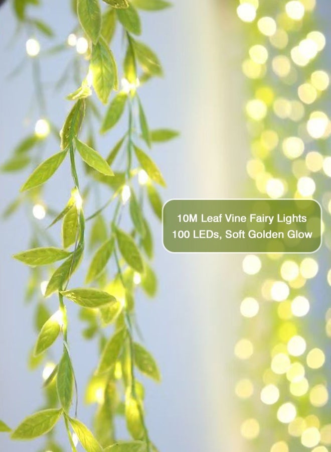 10M 100 LED Green Leaf Fairy String Lights Battery Powered Waterproof, Steady On Twinkle Dual Modes 3AA Garland Vine for Party Wedding Bedroom Garden Ramadan Décor - Image 2