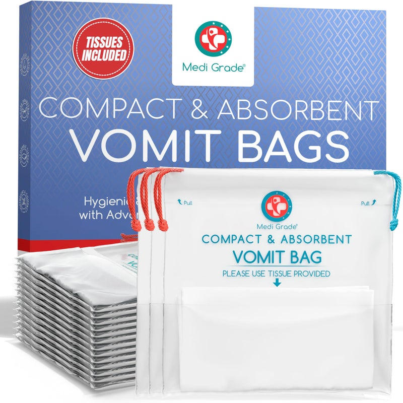 Medi Grade Medi Grade Absorbent Vomit Bags Disposable for Adults and Kids 22pcs Travel Essentials Leakproof Barf Bags with Tissues Turn Vomit to Gel and Prevent Odor Purse Essential Travel Size Sick Bags