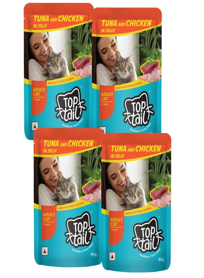 Top tail توب تيل طعام رطب في جيلي 340 غرام (85 غرام × 4 أكياس) | وصفة تونة ودجاج | وجبة خفيفة لذيذة للقطط | وجبة كاملة غنية بالبروتين | مدعم بالبريبايوتكس والتورين - Image 1