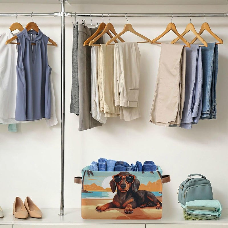 senya Storage Basket, Dachshund Dog on The Beach Foldable Fabric Collapsible Storage Bins Organizer Bag for Storage Clothes - Image 5