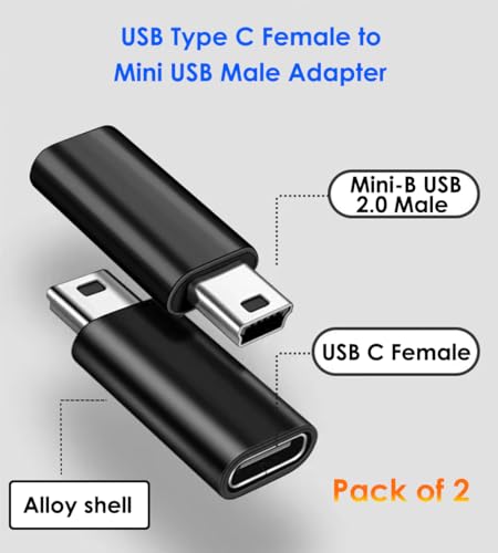 Mepsies USB C to Mini USB Adapter 2 Pack, USB Type C Female to Mini USB 2.0 Type-B Male Adapter, Support Charging and Data Transfer, Compatible Digital Camera, MP3 Player, Dash Cam and More, Black - Image 2