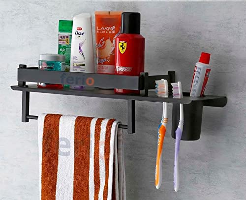 FERIO Stainless Steel 3 In 1 Multipurpose Wall Mount Multi Storage Bathroom Shelf Rack Towel Hanger Tumbler Holder Bathroom Black Finish (15 X 5 Inches) Pack Of 1 - Image 2