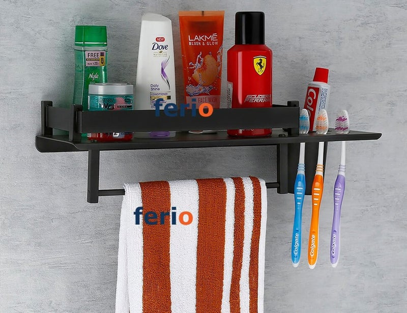 FERIO Stainless Steel 3 In 1 Multipurpose Wall Mount Multi Storage Bathroom Shelf Rack Towel Hanger Tumbler Holder Bathroom Black Finish (15 X 5 Inches) Pack Of 1 - Image 1