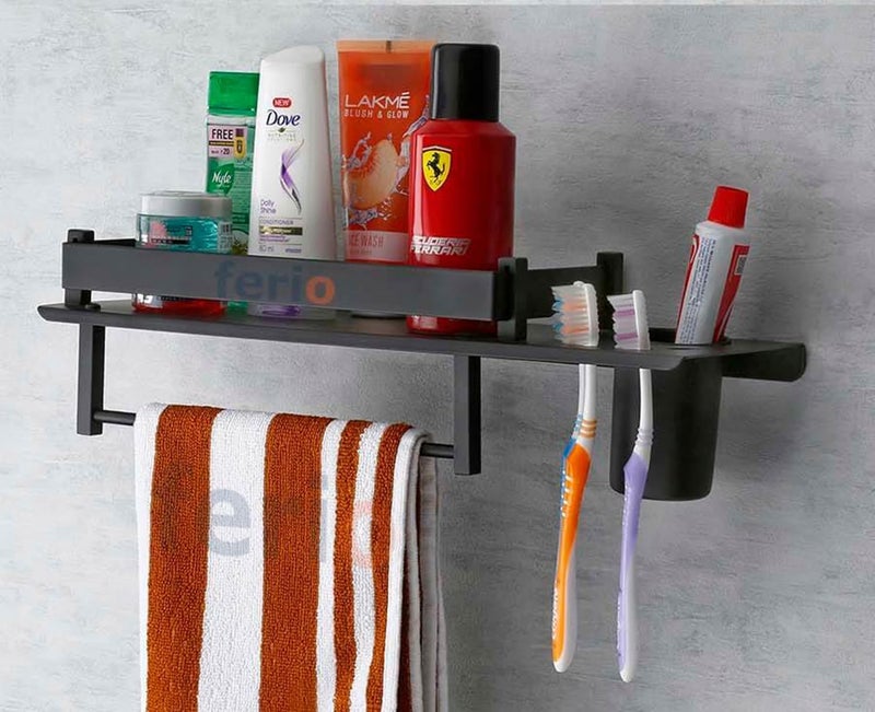 FERIO Stainless Steel 3 In 1 Multipurpose Wall Mount Multi Storage Bathroom Shelf Rack Towel Hanger Tumbler Holder Bathroom Black Finish (15 X 5 Inches) Pack Of 1 - Image 4