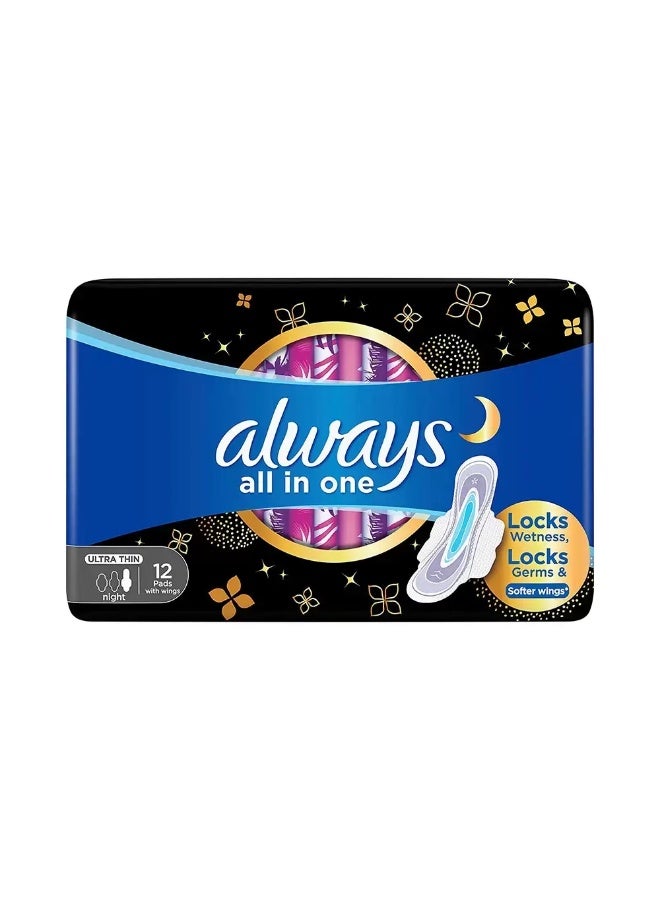 Always All in One Ultra Thin Night Sanitary Pads with Wings- 12 Pcs - Image 1