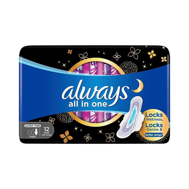 Always فوط صحية ليلية رفيعة جداً دائماً متعددة الاستخدامات مع أجنحة - 12 قطعة - Image 1