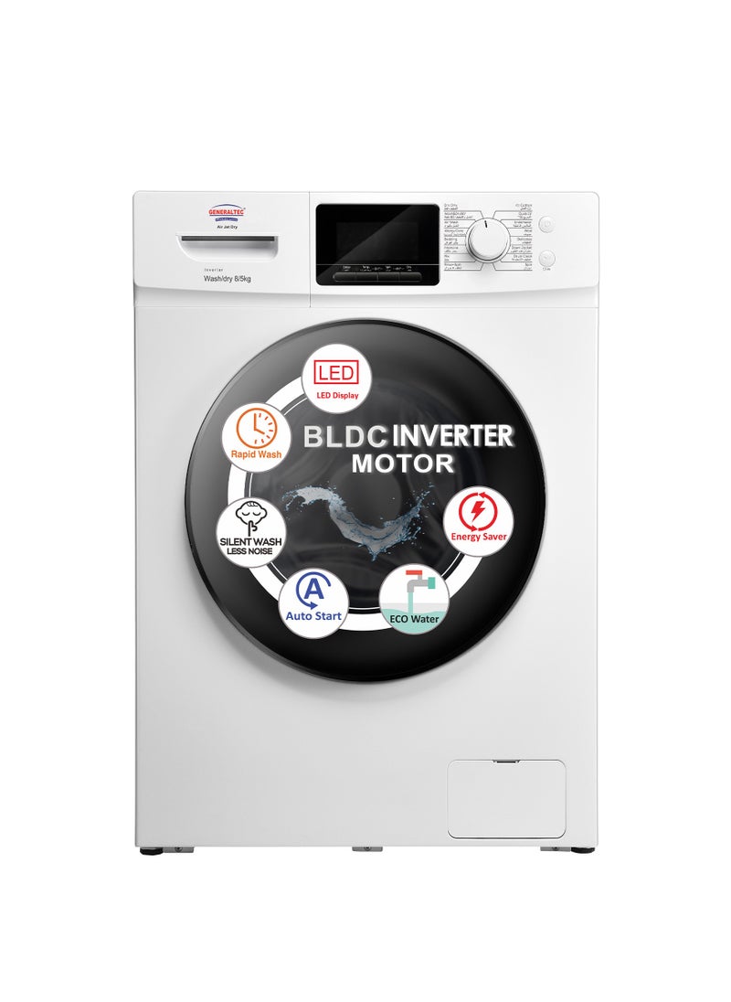 GENERALTEC Generaltec Washer Dryer 8/5 Kg, Fully Automatic Front Load Combo Wash & Dry, 8 Kg Wash & 5 Kg Dry, 1400 RPM, 16 Wash Programs - White Colour | BLDC Motor | 1 Year Warranty 