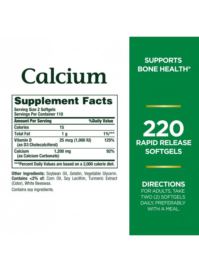 NATURE'S BOUNTY - Natures Bounty Calcium 1200 mg With Vitamin D3, Bone Health & Immune Support, 1000 IU, 220 Softgels - Image 1