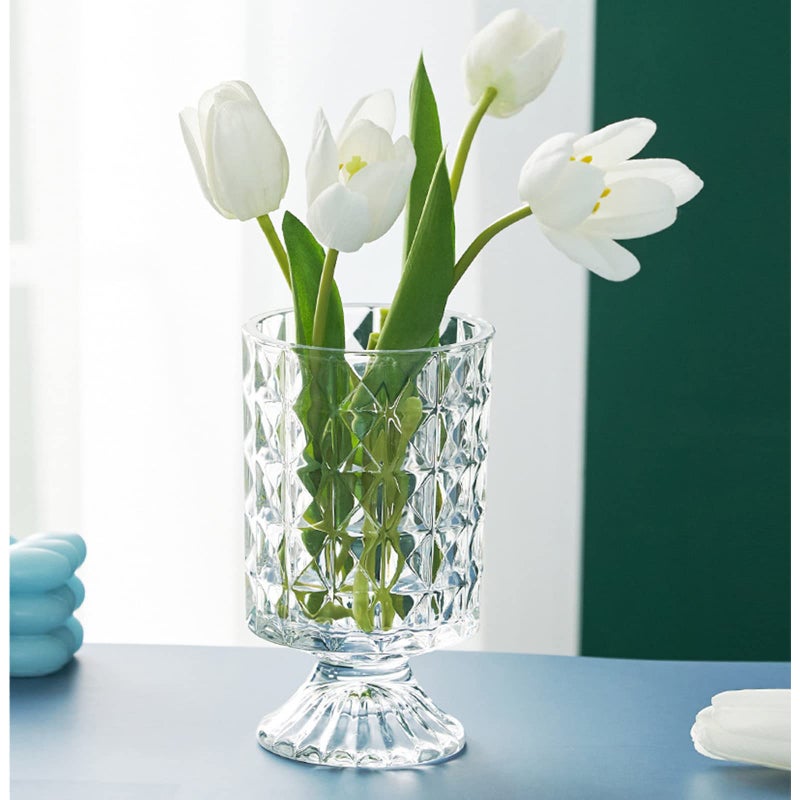 7 Inch Modern Glass Vase with Embossed Ribbed Base Clear Hydroponic Design for Home Decor Weddings Party Living Room Dining Table Floral Arrangement Centerpiece