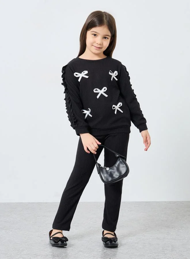 Styli Styli Girl Black Bow Detail Sweater and Joggers Set