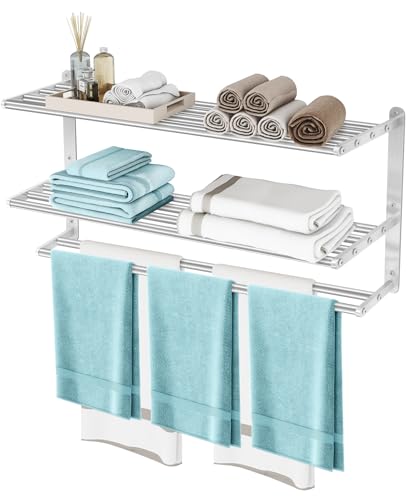 JIAPAIDUO 3 Tier Towel Racks for Bathroom Wall Mounted, 32 inch Bathroom Shelf with Towel Bar, Brushed Nickel Shelves for Towels, Stainless Steel Modern Silver Multi Holder - Image 1