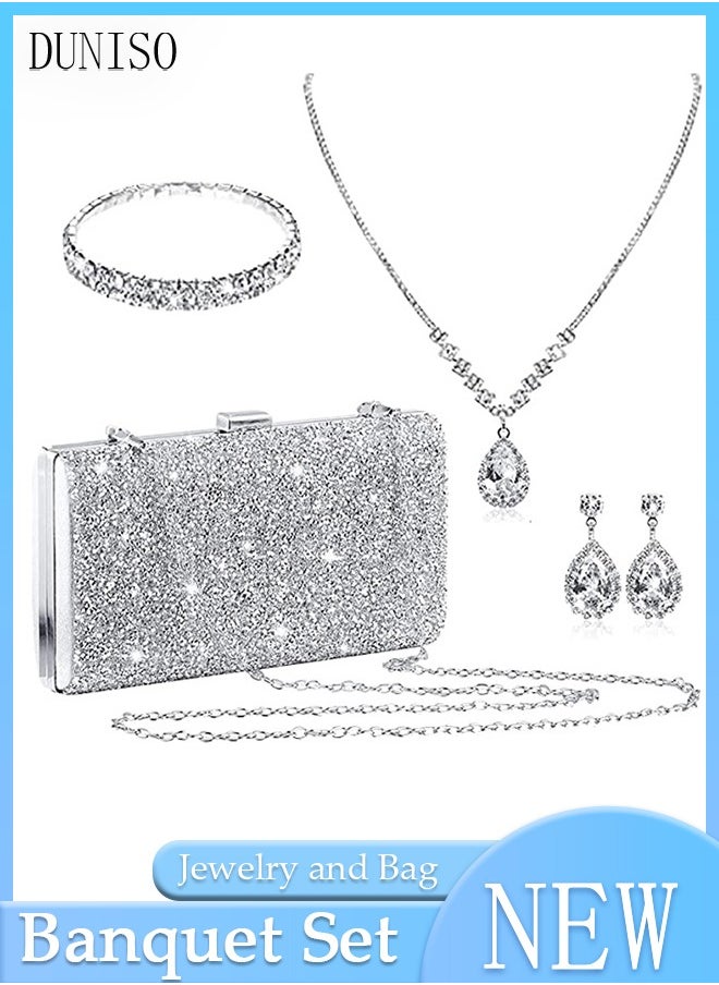 DUNISO - 4Pcs Clutch Bag Rhinestone Jewelry Set with Necklace Earrings Bracelets Rhinestone Purse Bag Evening Bag Wedding Bridal Bridesmaid Costume Jewelry Set for Women and Girls Dress Accessories - Image 1
