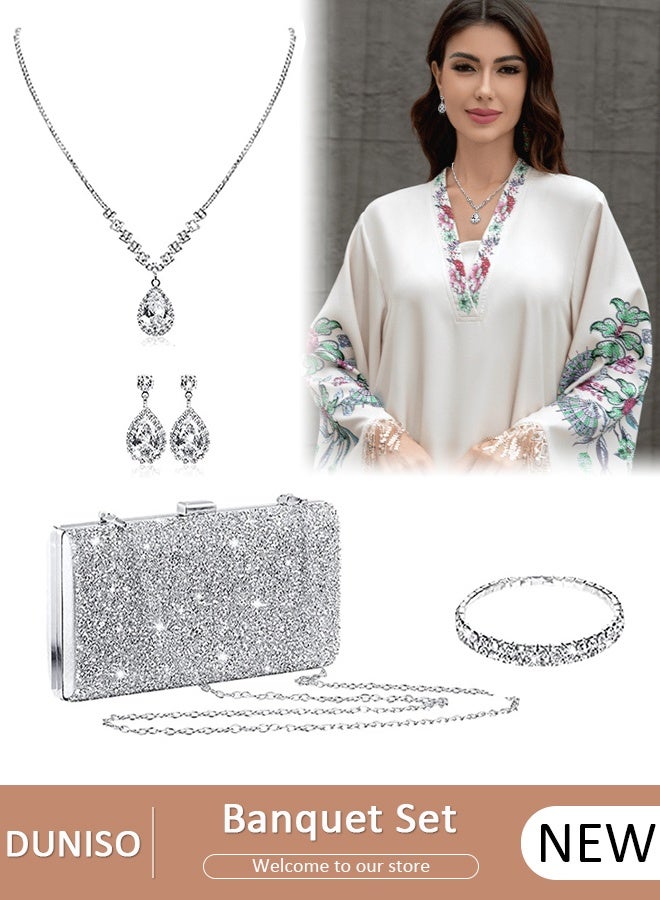 DUNISO 4Pcs Clutch Bag Rhinestone Jewelry Set with Necklace Earrings Bracelets Rhinestone Purse Bag Evening Bag Wedding Bridal Bridesmaid Costume Jewelry Set for Women and Girls Dress Accessories - Image 1