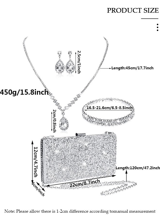 DUNISO 4Pcs Clutch Bag Rhinestone Jewelry Set with Necklace Earrings Bracelets Rhinestone Purse Bag Evening Bag Wedding Bridal Bridesmaid Costume Jewelry Set for Women and Girls Dress Accessories - Image 2