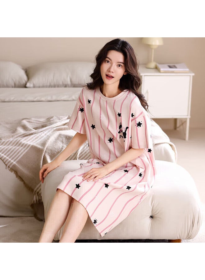 Snowflying Women's Nightgown With Chest Pads, Summer Thin Simple Sweet Pure Cotton Short-sleeve Sleepwear, Can Be Worn Outside, Loungewear - Image 1