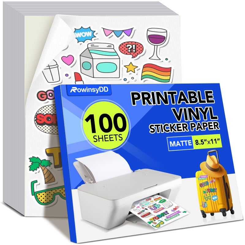 RowinsyDD 100 PCS Printable Vinyl Sticker Paper for inkjet printer & Laser Printer, Standard Letter Size 8.5"x11", Waterproof Sticker Paper Dries Quickly Vivid Colors, Matte White - Image 1