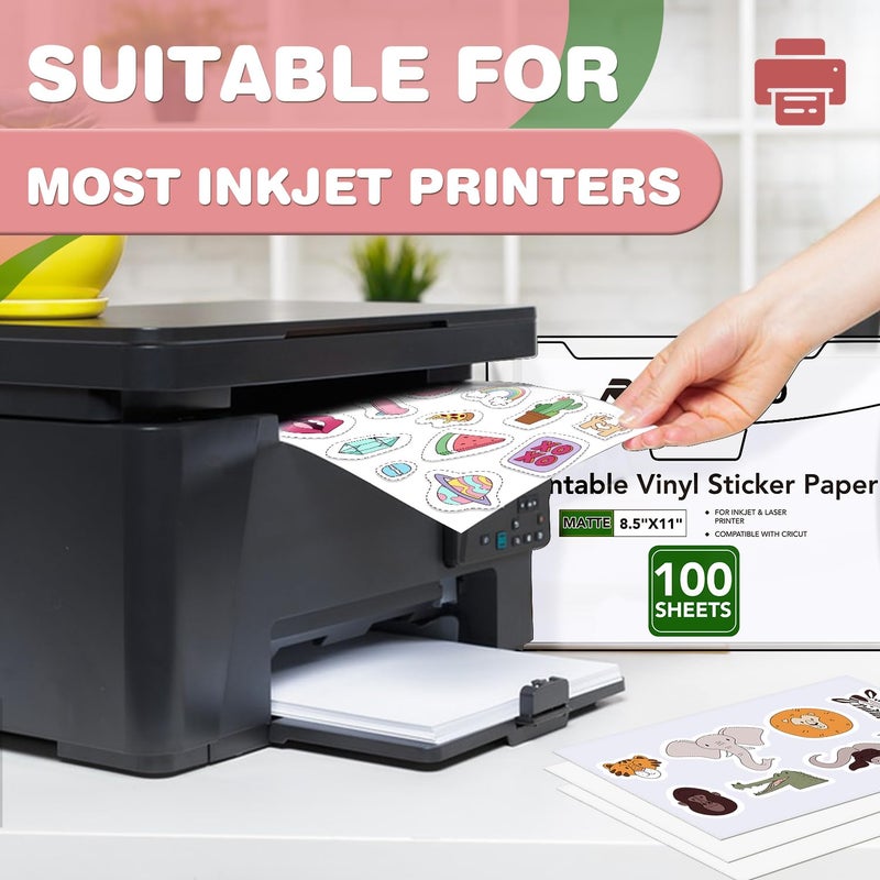 RowinsyDD 100 PCS Printable Vinyl Sticker Paper for inkjet printer & Laser Printer, Standard Letter Size 8.5"x11", Waterproof Sticker Paper Dries Quickly Vivid Colors, Matte White - Image 2