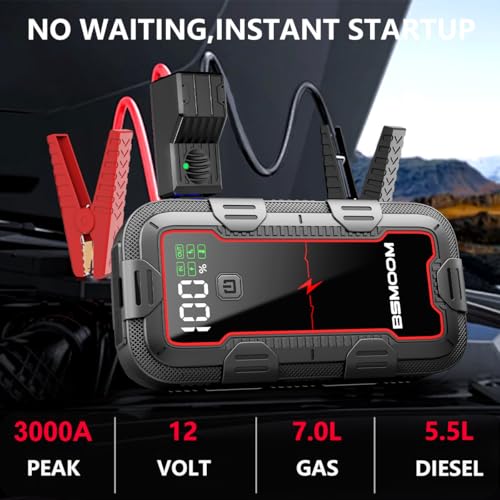 BSMOOM Car Jump Starter, 3000A Battery Jump Starter Portable(for 7.0L Gas or 5.5L Diesel Engine), 12V Car Battery Jump Starter,Jump Start Battery Pack with Jumper Cables, LED Light, USB QC3.0 - Image 2