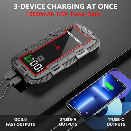 BSMOOM Car Jump Starter, 3000A Battery Jump Starter Portable(for 7.0L Gas or 5.5L Diesel Engine), 12V Car Battery Jump Starter,Jump Start Battery Pack with Jumper Cables, LED Light, USB QC3.0 - Image 4