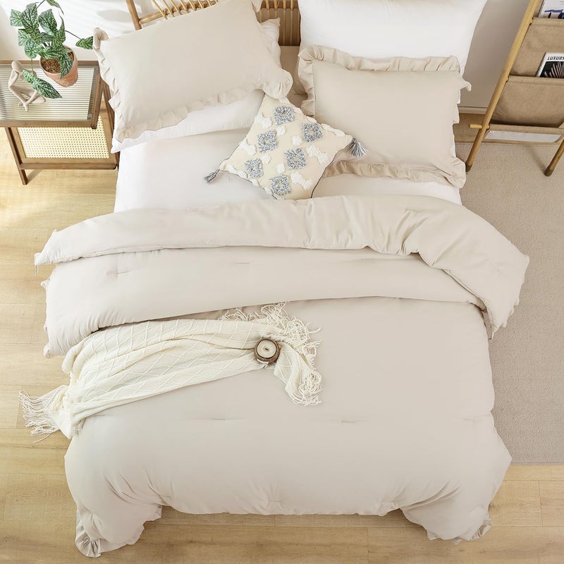 JANZAA Queen Size Comforter Beige Ruffle Comforter Set for Queen Bed 3PCS (1 Off White Comforter and 2 Pillowcases) Vintage Shabby Chic Bedding Soft Fluffy Bed Set for All Season - Image 4