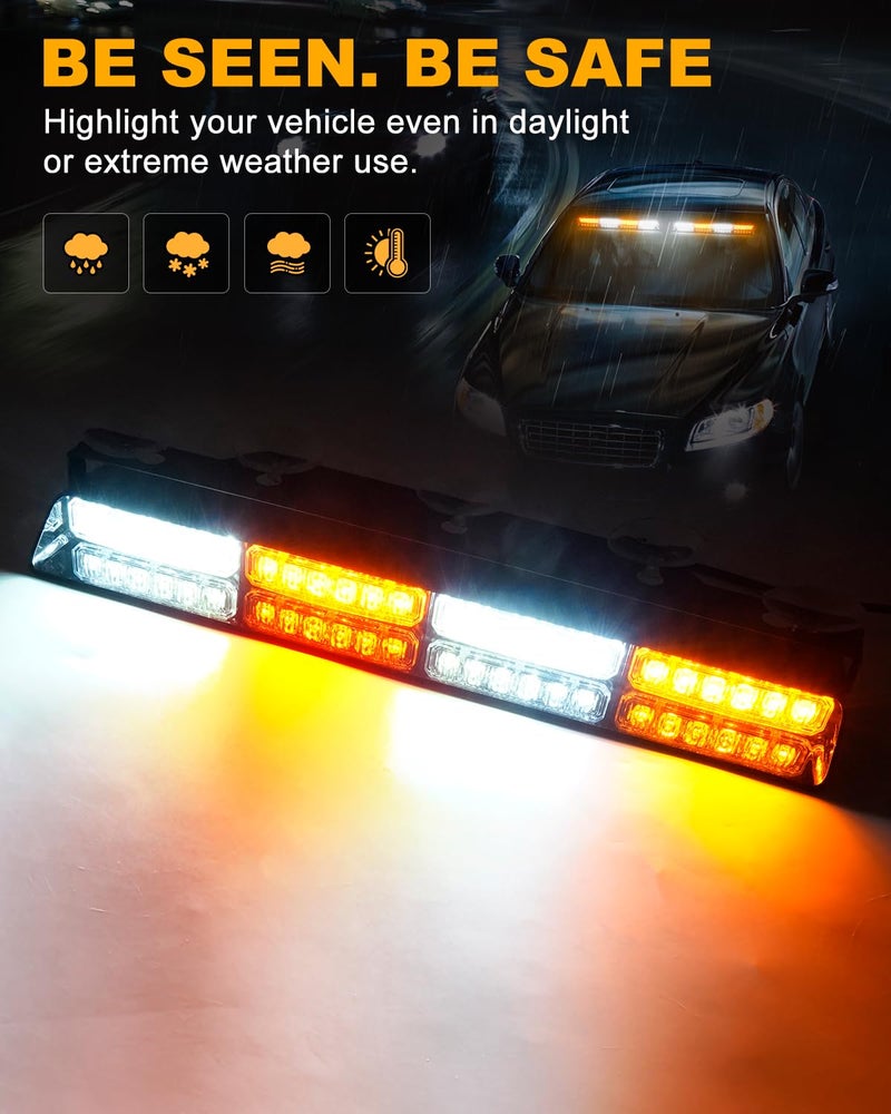 HLauto 6Z4J Emergency Dash Strobe Lights: 2x16.8 inch Amber White Safety Lights, 48 LED Flashing Warning Hazard Interior Windshield Visor Traffic Light Bars for Trucks, Construction Vehicles - Image 3