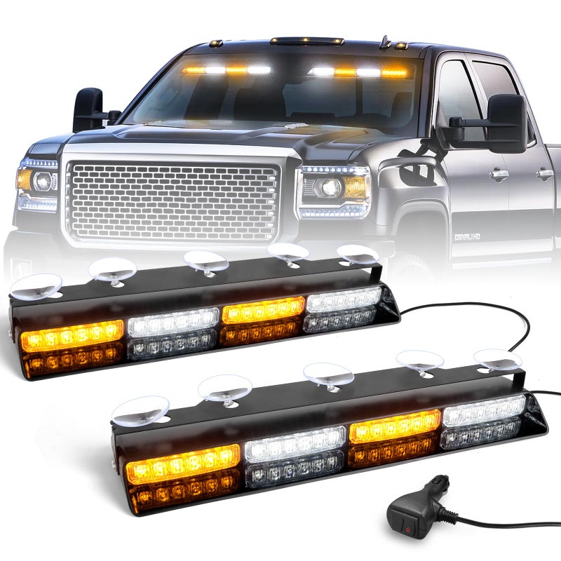 HLauto 6Z4J Emergency Dash Strobe Lights: 2x16.8 inch Amber White Safety Lights, 48 LED Flashing Warning Hazard Interior Windshield Visor Traffic Light Bars for Trucks, Construction Vehicles - Image 1