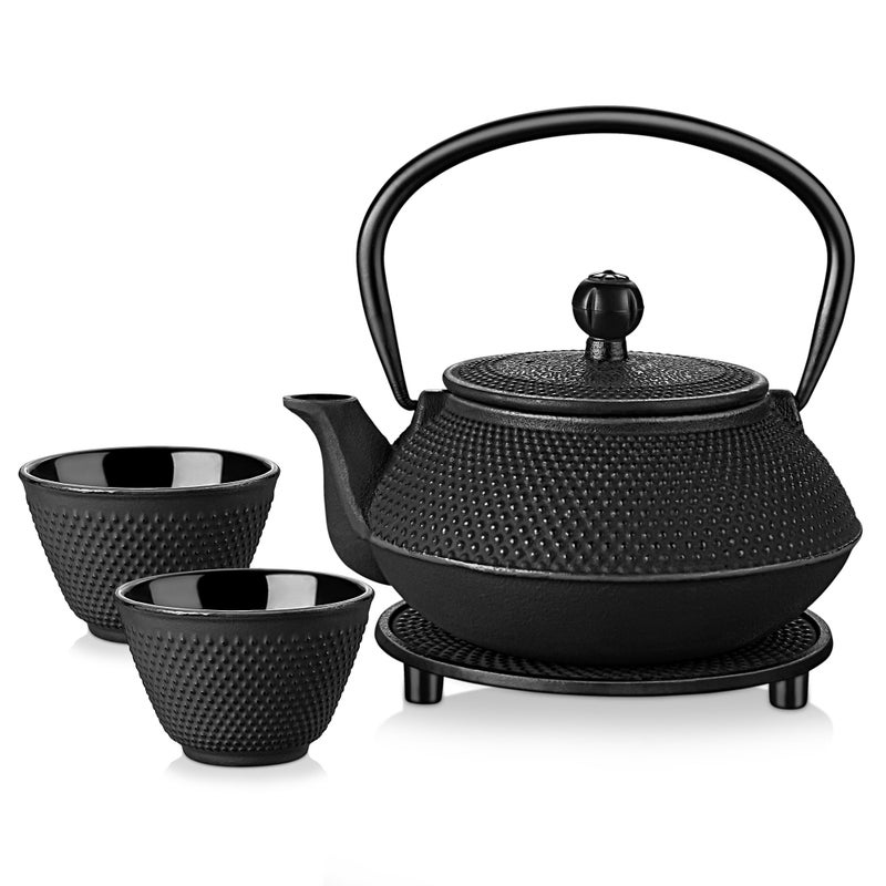 Velaze Iron Teapot set Traditional Japanese Tetsubin Tea Kettle Cast Iron Teapot with Stainless Steel Infuser Antique Small Dot Design 2 Iron Cups and Trivet Stand Tray 700ML 24OZ