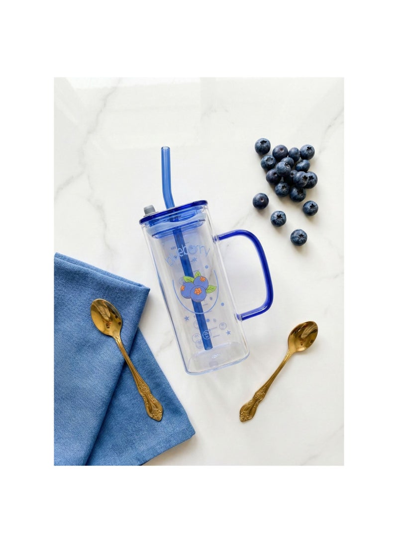 CASA HOME CasaHome Premium Reusable Drinking Tumbler with Lid and Straw - Blue Handle & Transparent Body - Blueberry Print - Leak-Resistant - Image 2