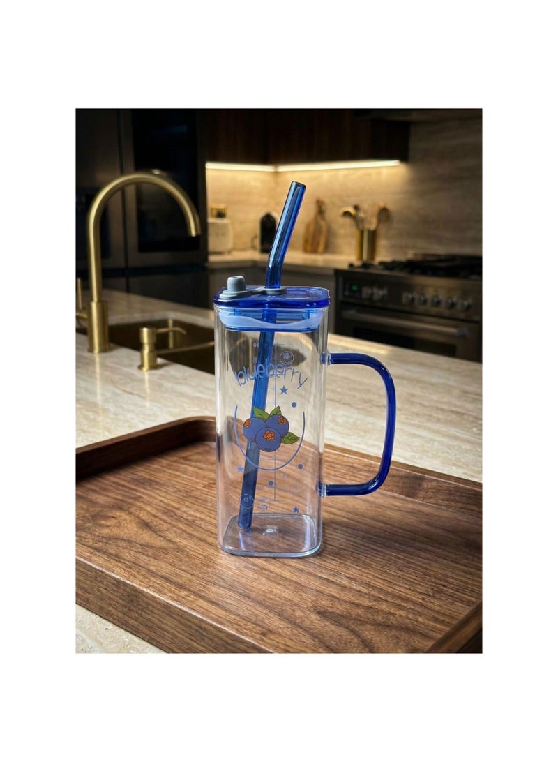 CASA HOME CasaHome Premium Reusable Drinking Tumbler with Lid and Straw - Blue Handle & Transparent Body - Blueberry Print - Leak-Resistant - Image 1