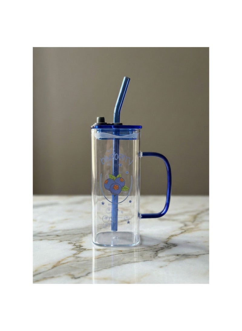 CASA HOME CasaHome Premium Reusable Drinking Tumbler with Lid and Straw - Blue Handle & Transparent Body - Blueberry Print - Leak-Resistant - Image 4