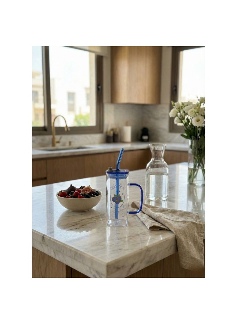 CASA HOME CasaHome Premium Reusable Drinking Tumbler with Lid and Straw - Blue Handle & Transparent Body - Blueberry Print - Leak-Resistant - Image 3