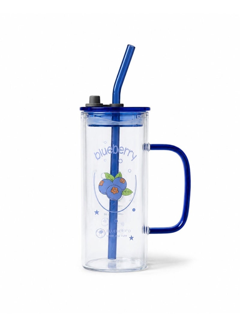 Casa Home Reusable Drinking Tumbler with Lid and Straw, 1 Piece, Transparent Clear Cup with Blue Handle for Cold Drinks and Daily Use - Image 1