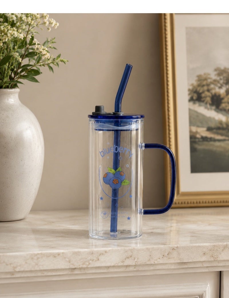 Casa Home Reusable Drinking Tumbler with Lid and Straw, 1 Piece, Transparent Clear Cup with Blue Handle for Cold Drinks and Daily Use - Image 4