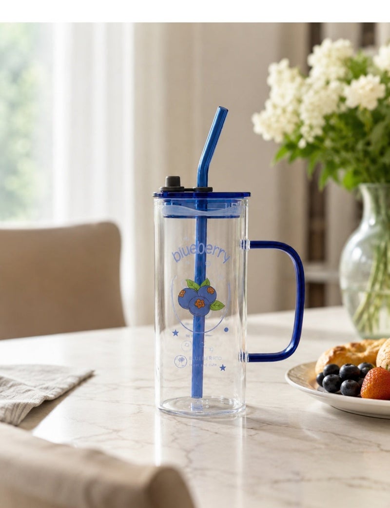 Casa Home Reusable Drinking Tumbler with Lid and Straw, 1 Piece, Transparent Clear Cup with Blue Handle for Cold Drinks and Daily Use - Image 3