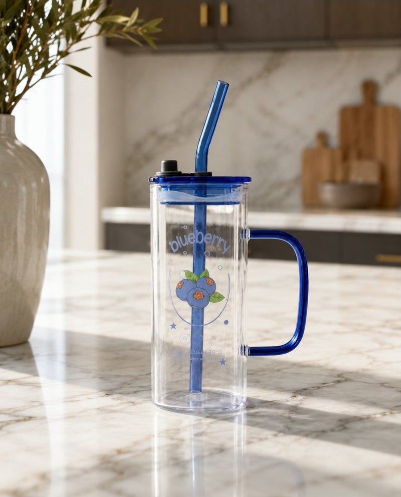 Casa Home Reusable Drinking Tumbler with Lid and Straw, 1 Piece, Transparent Clear Cup with Blue Handle for Cold Drinks and Daily Use - Image 2